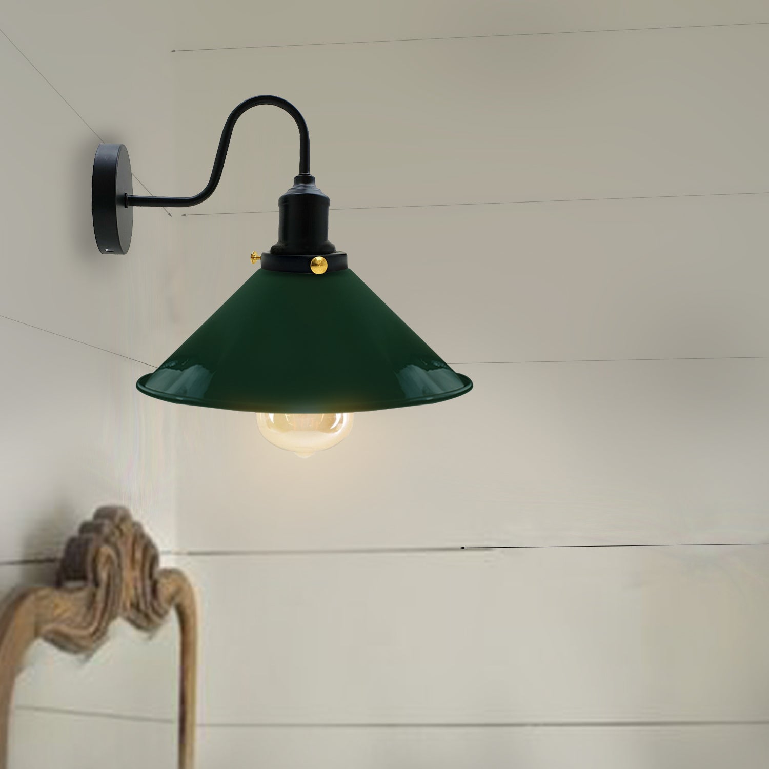 Industrial Vintage Green colour Swan Neck Wall Light Indoor Sconce Metal Cone Shape Shade~3484-0