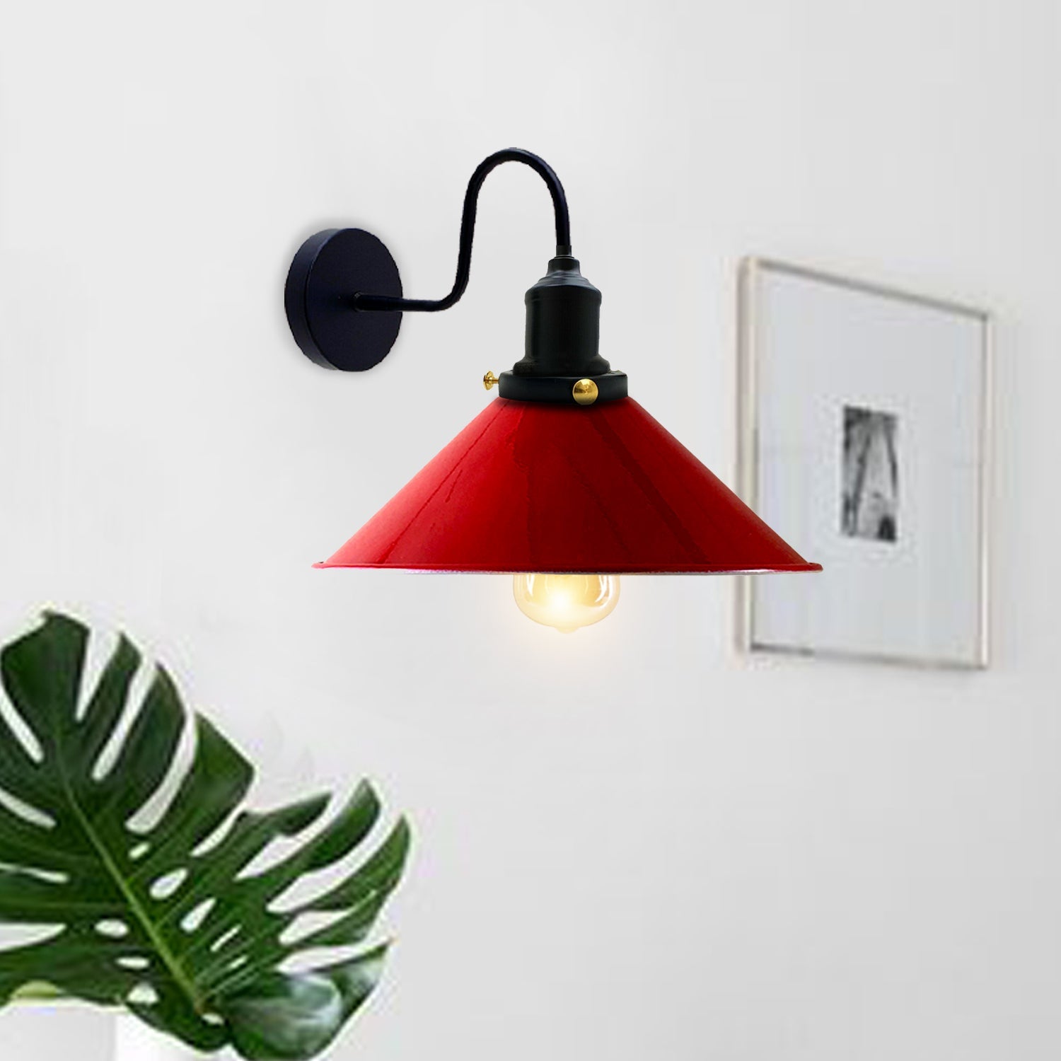 LEDSone Industrial Vintage Ratio Red Swan Neck Wall Light Indoor Sconce Metal Cone Shape Shade~3488-2