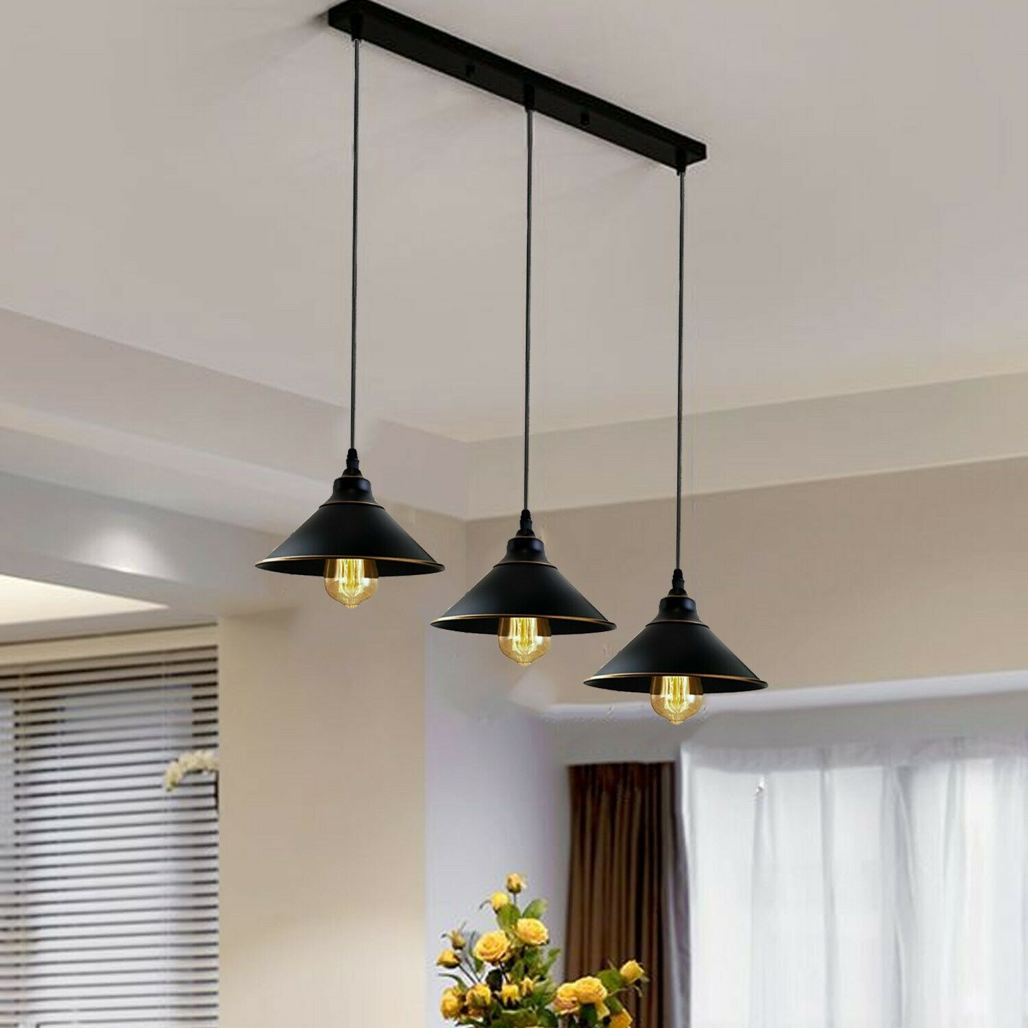 Industrial Vintage Ratio 3 head Rectangle Black cone Ceiling Pendent lights E27 Holder Chandelier~3707-1