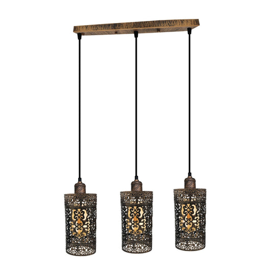 Industrial vintage Retro 3 way Rectangle Drum Cylinder Brushed copper cage pendant~4011-0