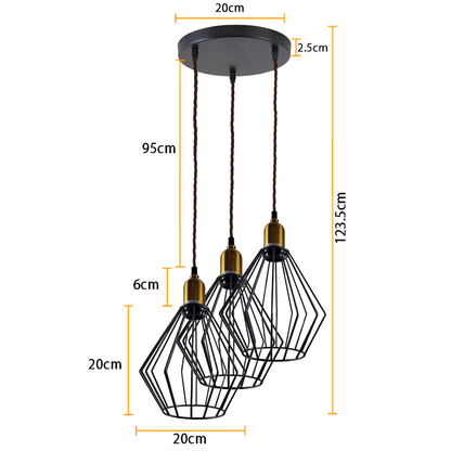 industrial Vintage Retro 3 head Round Ceiling Wire Cage Pendant Light~4053-2