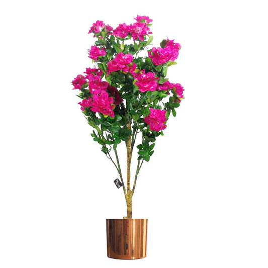 100cm Premium Artificial Azalea Pink Flowers Potted Plant with Copper Metal Planter-0