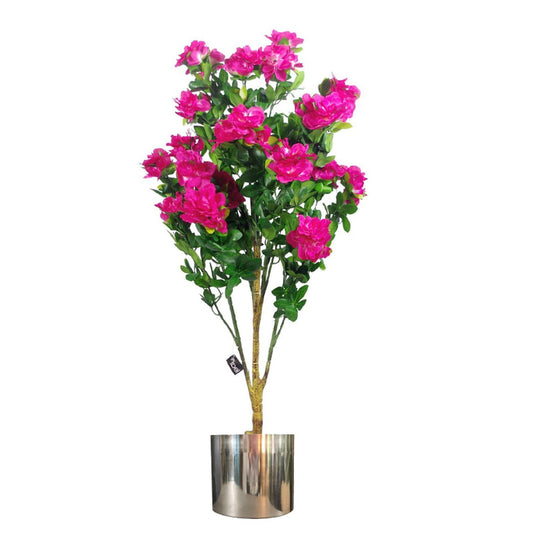 100cm Premium Artificial Azalea Pink Flowers Potted Plant with Silver Metal Planter-0