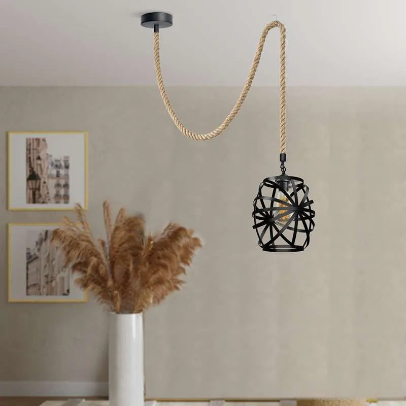 black metal wire cage hemp Rope hanging single head pendant Light~5026-4