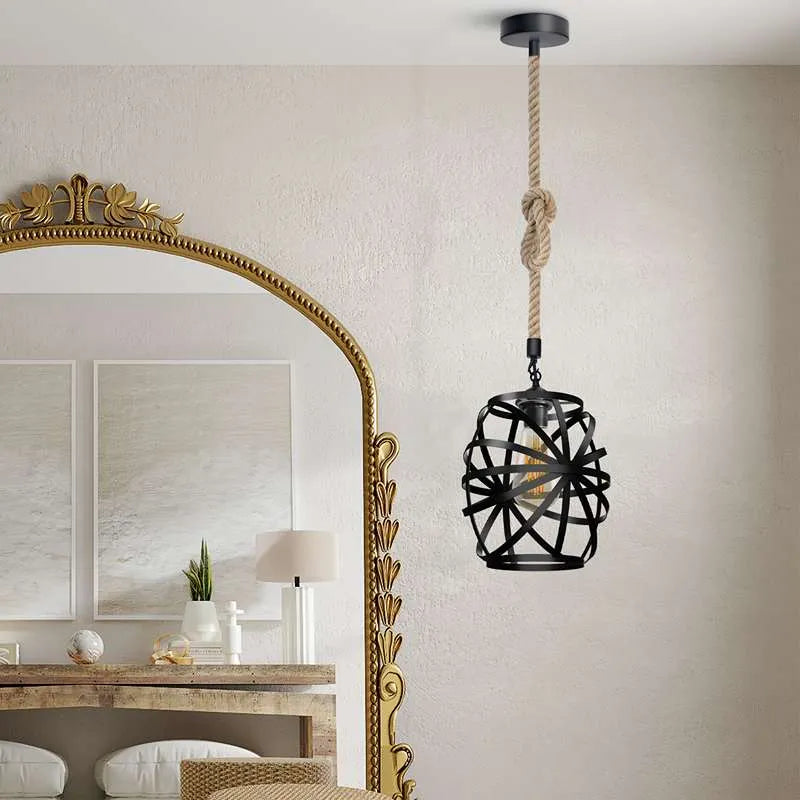 black metal wire cage hemp Rope hanging single head pendant Light~5026-2