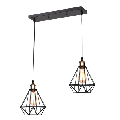 Industrial Vintage Retro 2 Head Black Ceiling Pendant Metal Wire Cage Hanging Indoor Lighting~1208-3