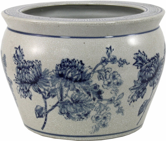 Ceramic Planter, Vintage Blue & White Magnolia Design-0