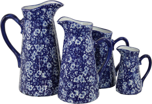 Set of 4 Ceramic Jugs, Vintage Blue & White Daisies Design-0