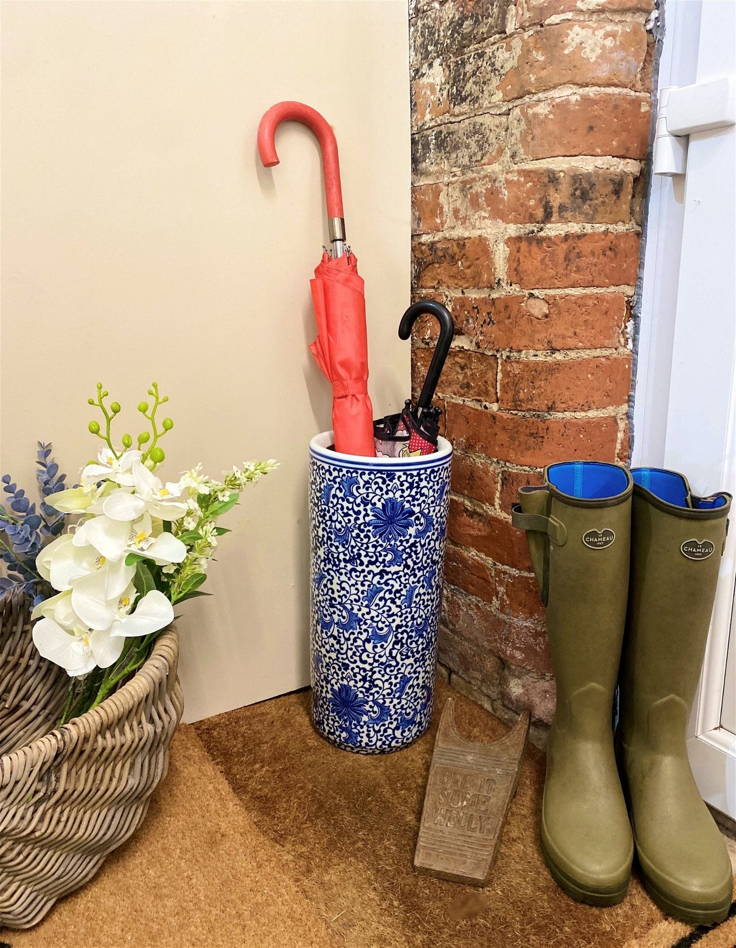 White With Blue Floral Print Umbrella Stand-2