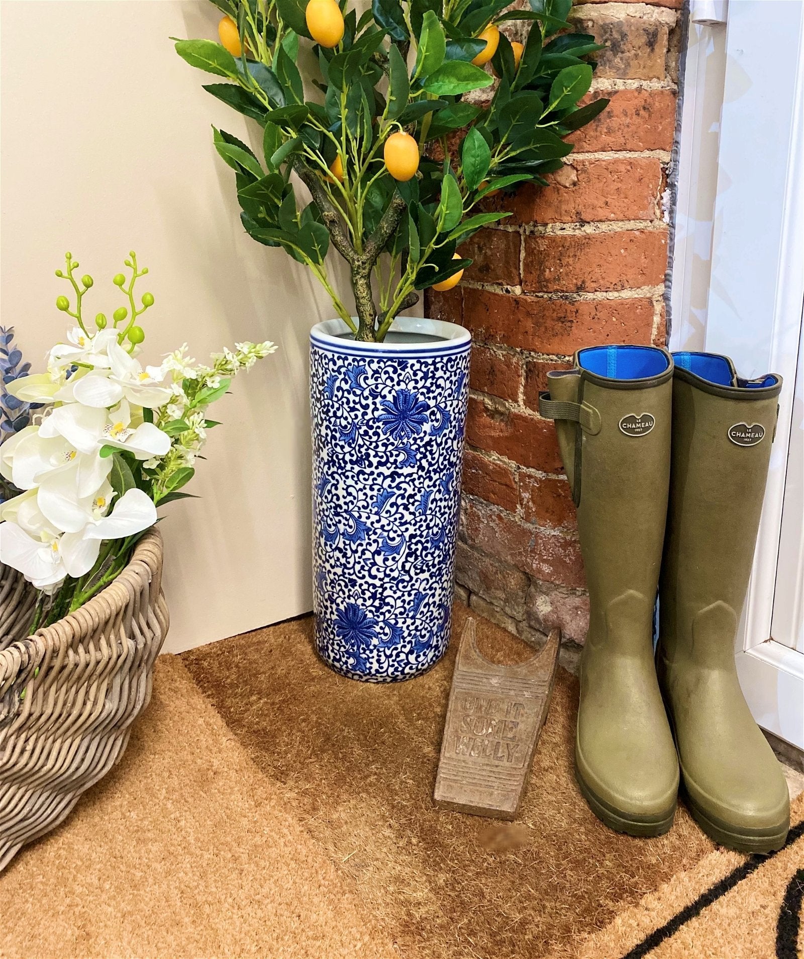 White With Blue Floral Print Umbrella Stand-1