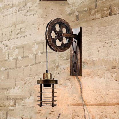 Industrial Wall Mounted Pulley Wheel Light Retro Metal Cylinder Shape Shade ~1222-3