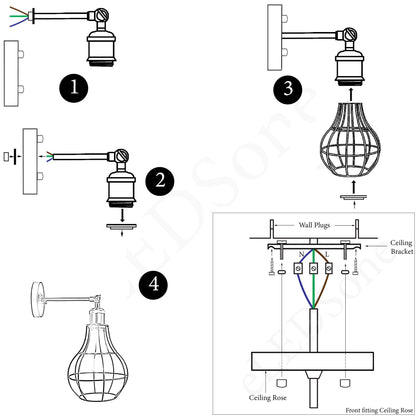 Vintage Industrial Wall Light with FREE Bulb Antique Retro Cage Adjustable Wall Sconce Lamp~2270-3