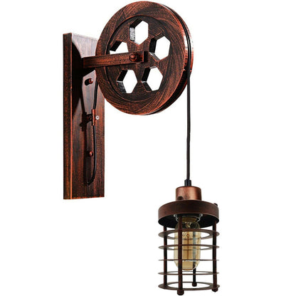 Industrial Wall Mounted Pulley Wheel Light Retro Metal Cylinder Shape Shade ~1222-4