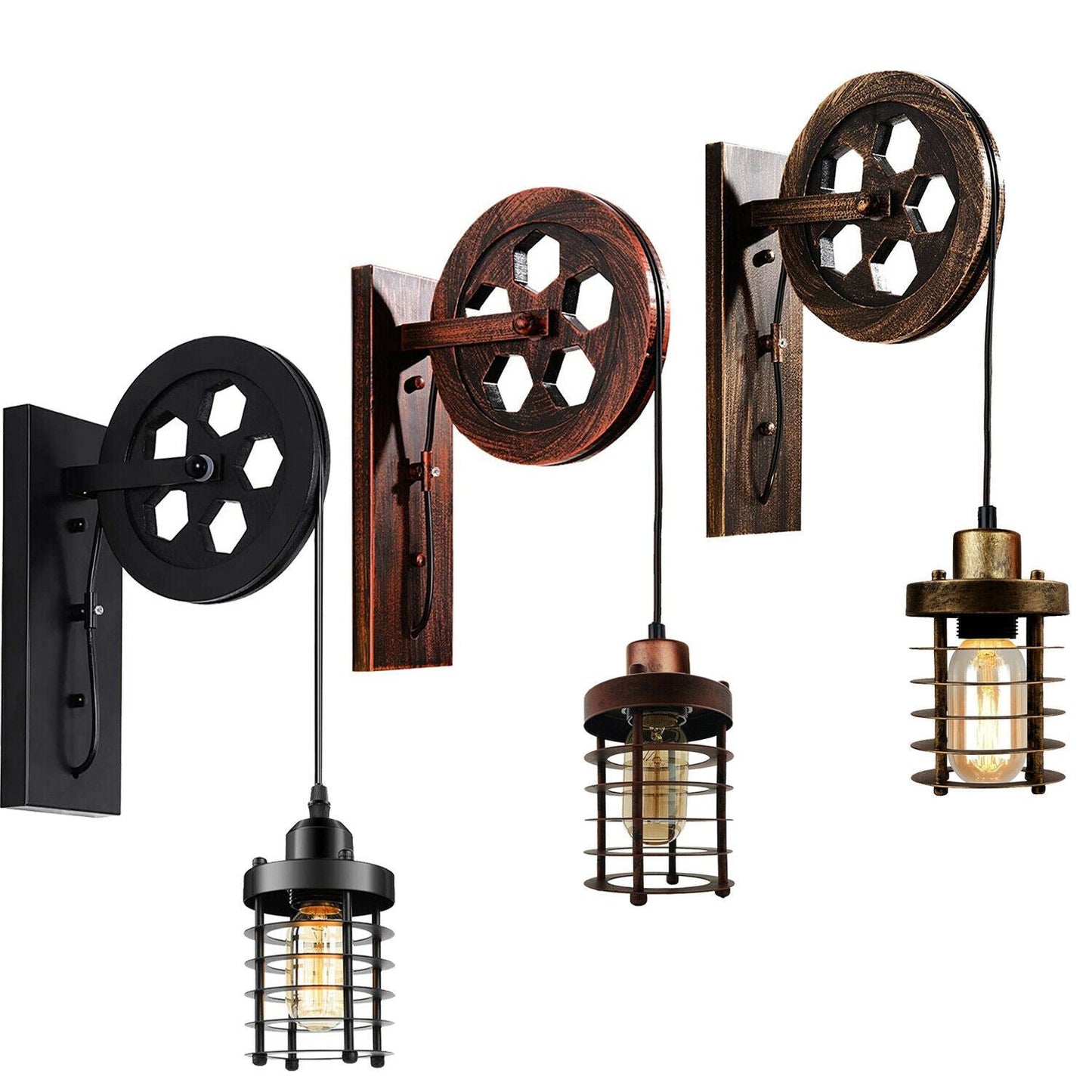 Industrial Wall Mounted Pulley Wheel Light Retro Metal Cylinder Shape Shade ~1222-1