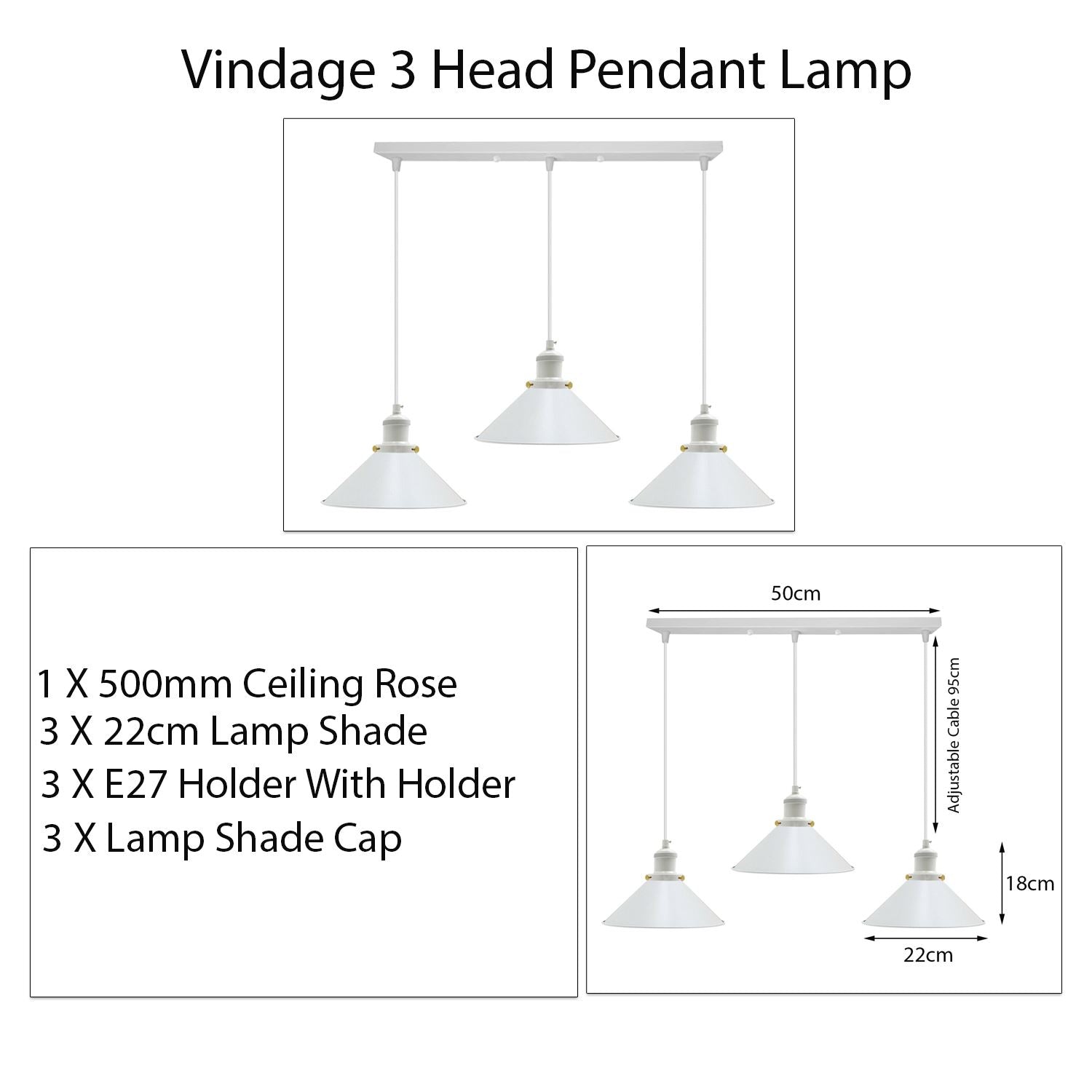 Vintage Industrial White 3 Way Hanging Pendant Light Indoor Ceiling Light Metal Cone Shape Shade~1004-4