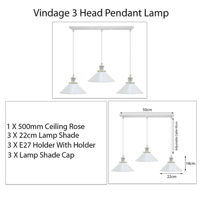 Vintage Industrial White 3 Way Hanging Pendant Light Indoor Ceiling Light Metal Cone Shape Shade~1004-4