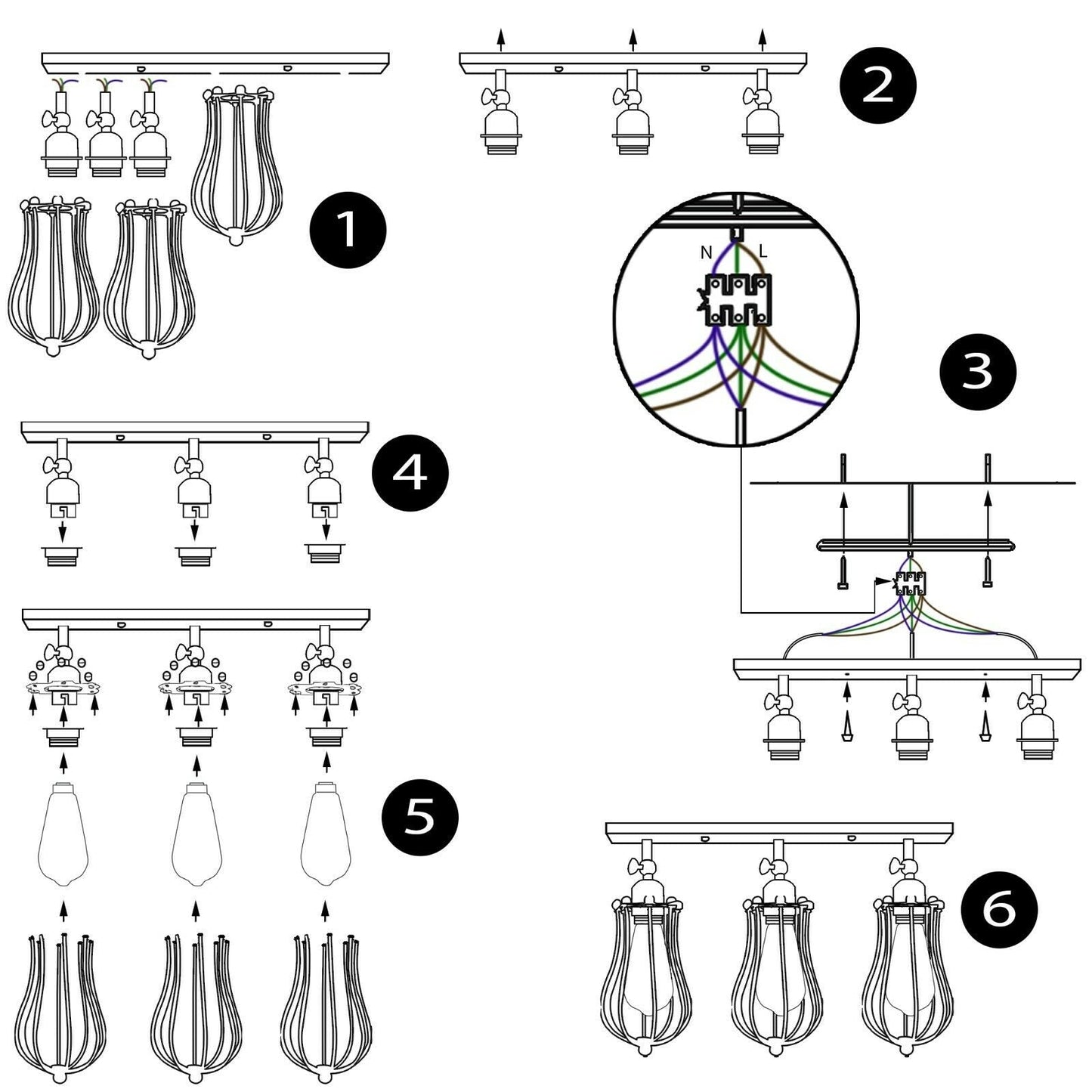 Vintage Industrial 3 Way Ceiling Bar Cage Lights Adjustable Matt Black E27 Bulb Lighting~2277-4